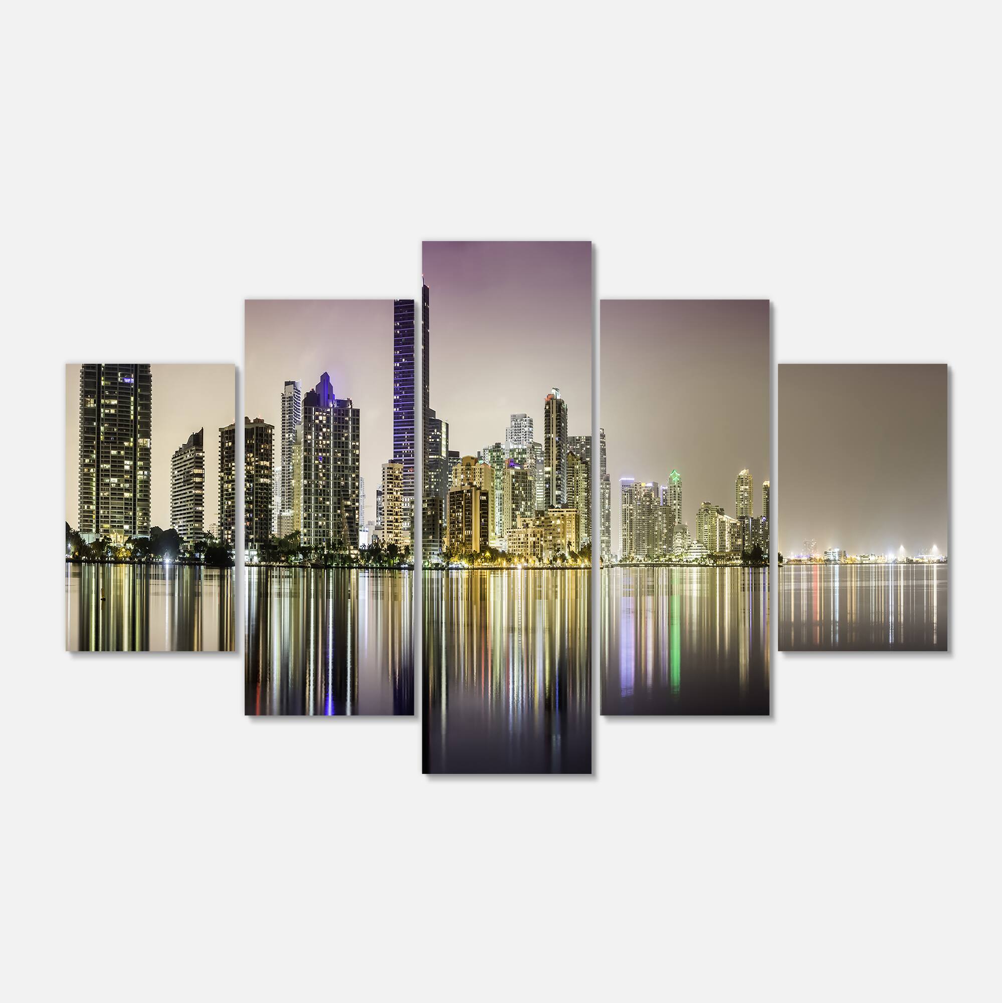 Designart - Miami Downtown Night Panorama - Purple - Extra Large Canvas Art Print